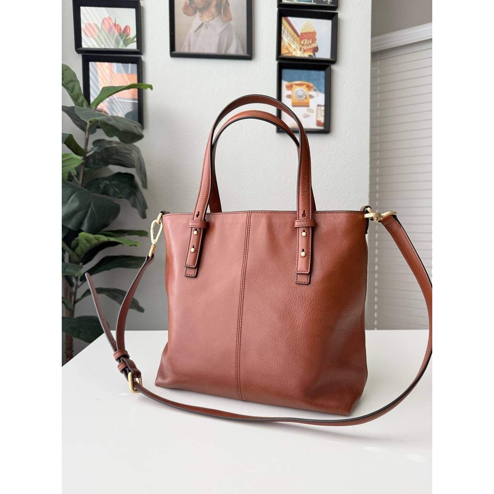 Vera Bradley Brown Leather Tote Bag Crossbody Strap Geometric Lining